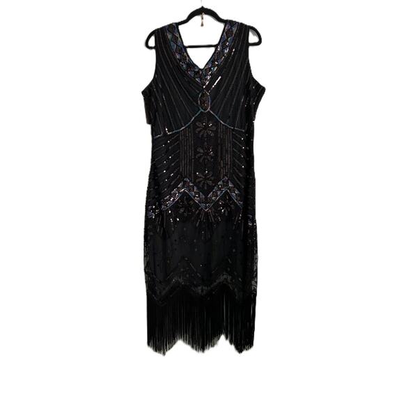 Retro Stage 1920s Fringe Flapper Beaded Sequins Black and Green Midi Dress -XL - Picture 1 of 9